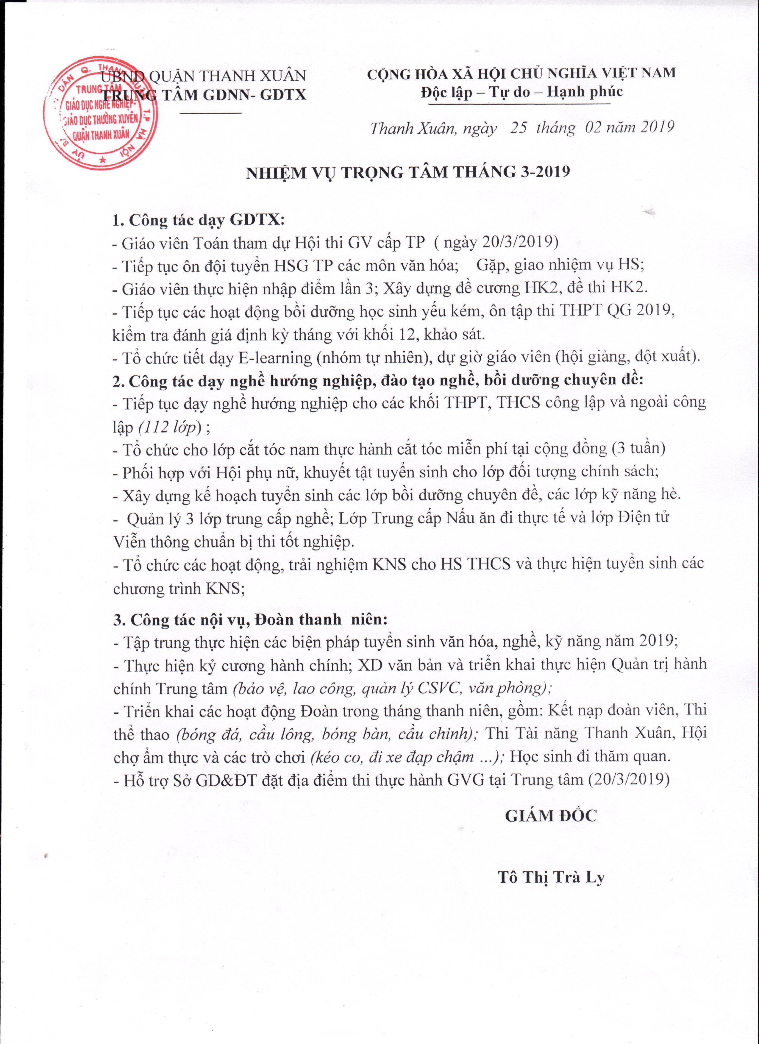 Nhiệm vụ trọng tâm tháng 3 - Năm 2019