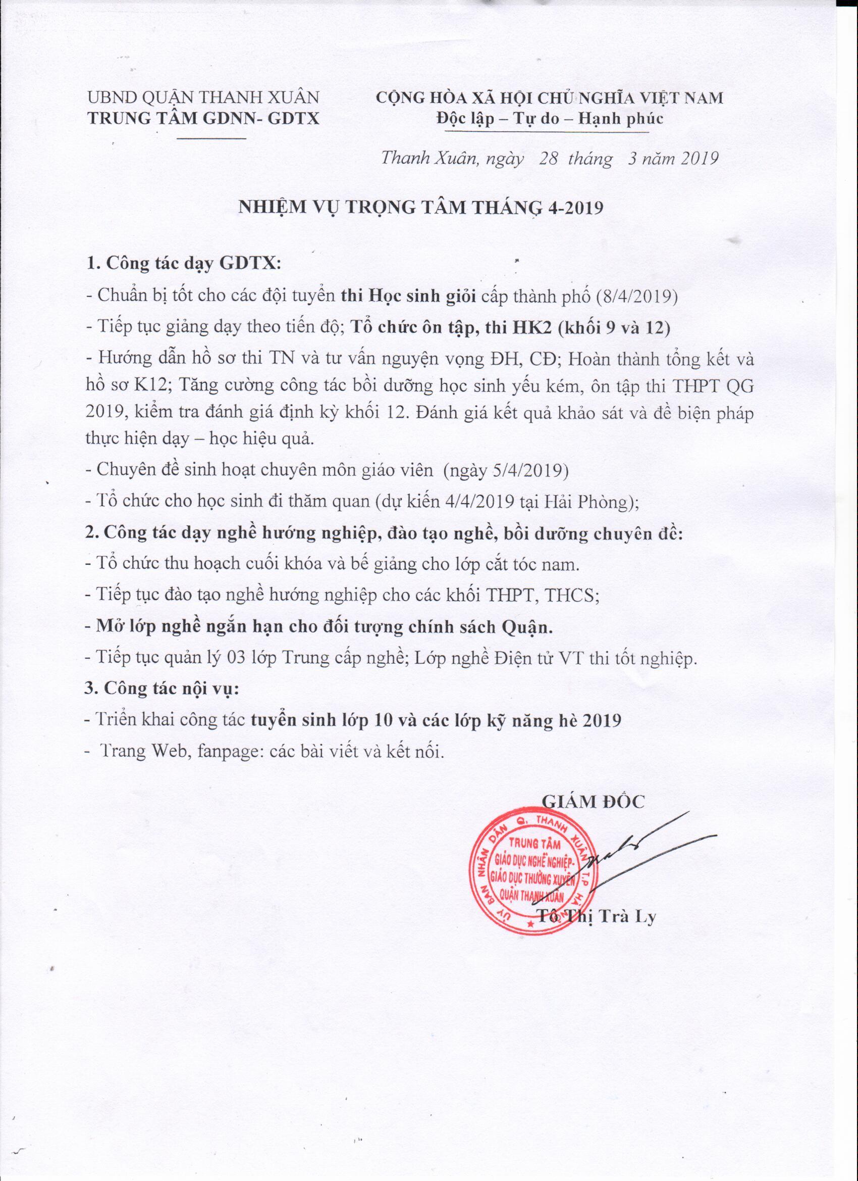 Nhiệm vụ trọng tâm tháng 4 - năm 2019