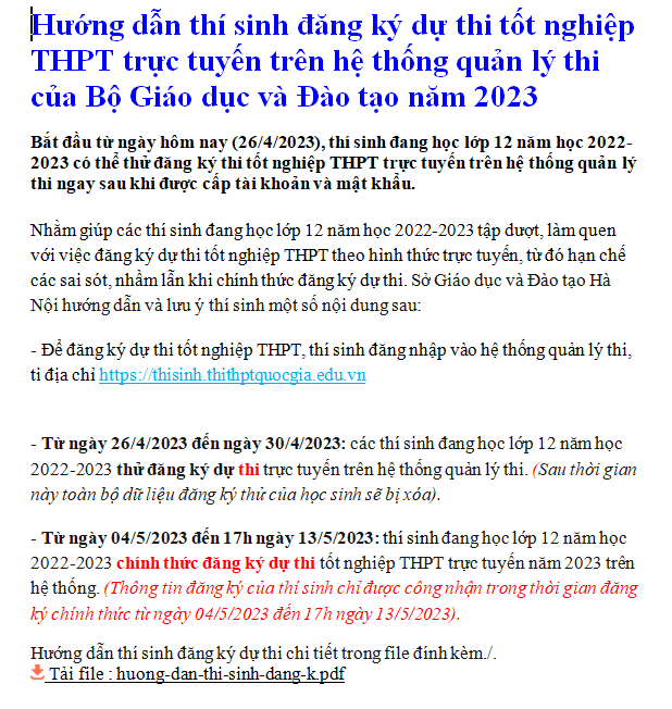 Hướng dẫn thí sinh đăng ký dự thi tốt nghiệp THPT trực tuyến trên hệ thống quản lý thi của Bộ Giáo dục và Đào tạo năm 2023