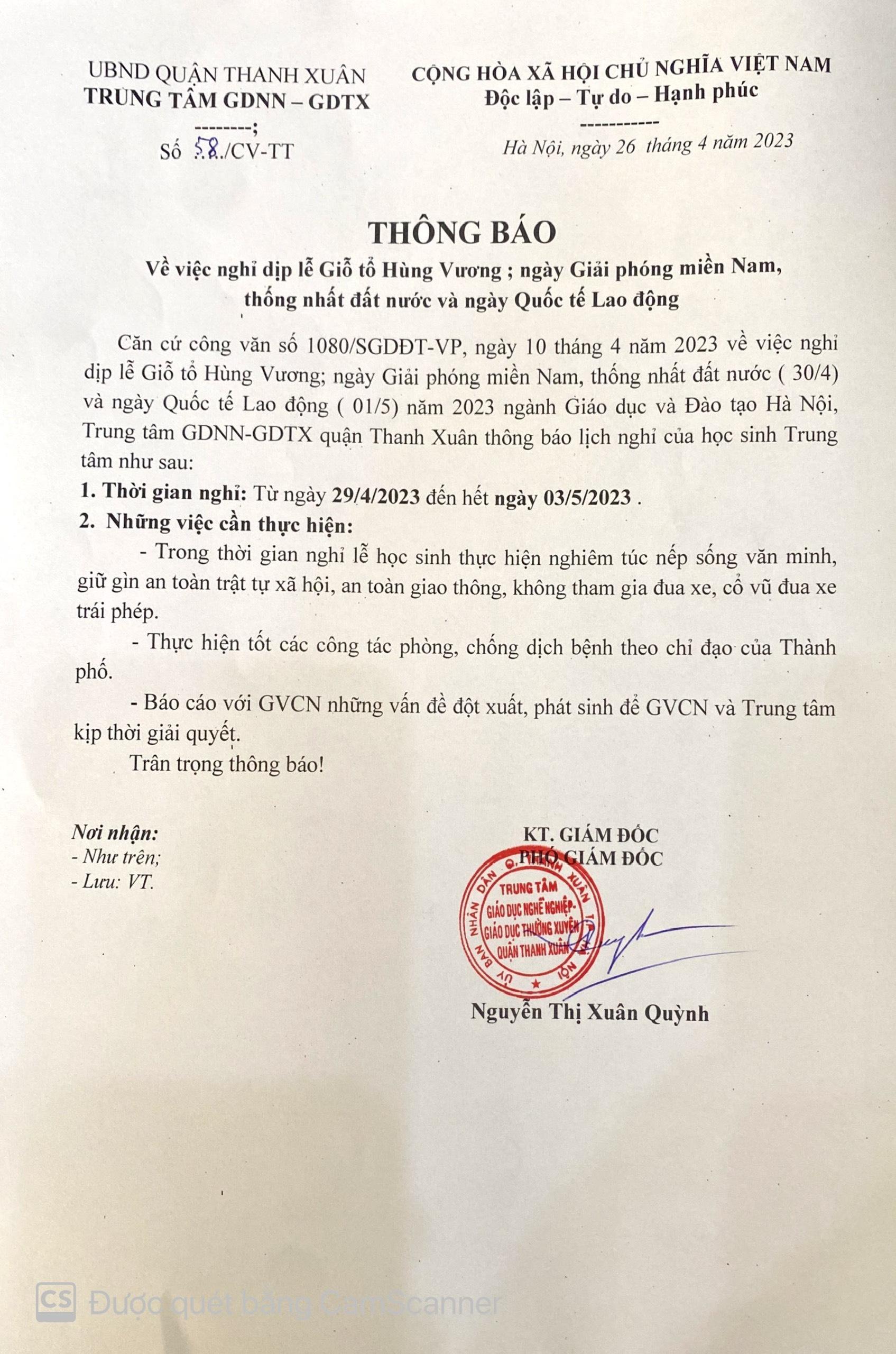 Thông báo Về việc nghỉ lễ Giỗ tổ Hùng Vương:ngày Giải phóng miền Nam, thống nhất đất nước và ngày Quốc tế lao động